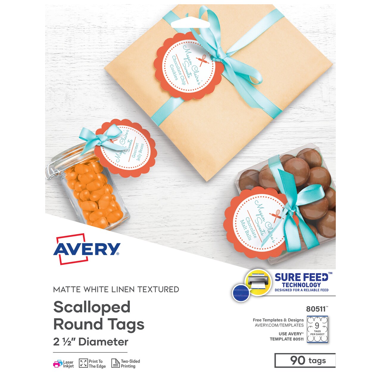 Avery Printable Blank Scallop Round Gift Tags with Sure Feed, 2.5" Diameter, Textured White, 90 Customizable Tags (80511)